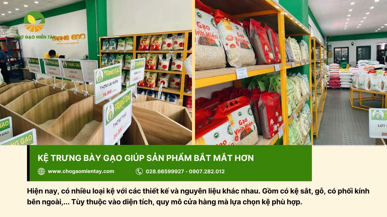 Lựa chọn kệ trưng bày phù hợp với không gian của cửa hàng gạo
