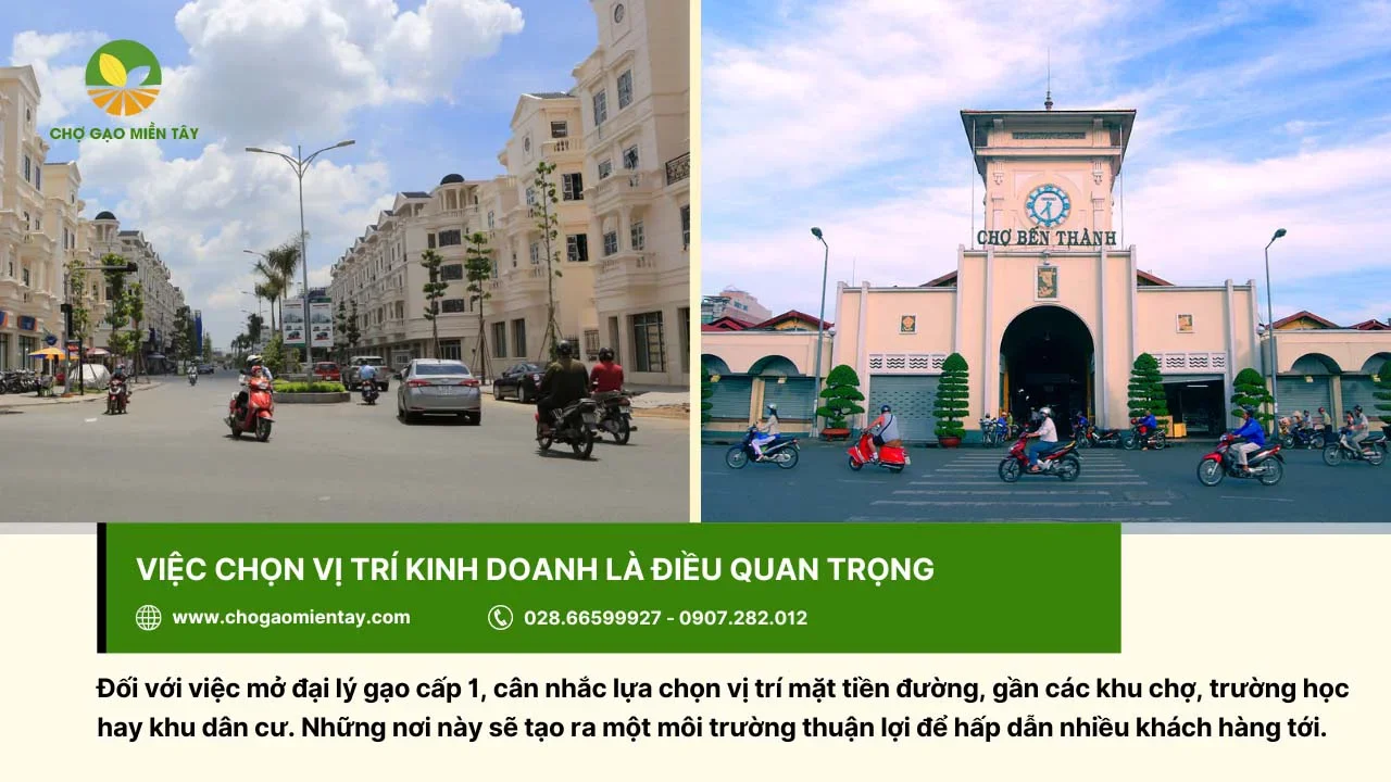 Chọn vị trí mặt tiền đường, gần các khu chợ,... khi mở đại lý gạo cấp 1